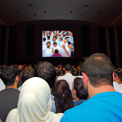 Grupo diverso de personas viendo el video completo de Fadi Ammar Zidan en una pantalla grande